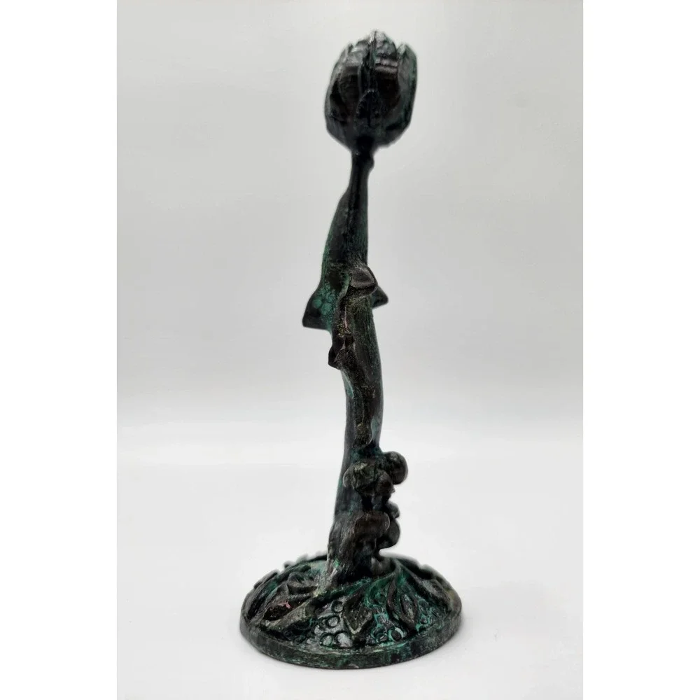 Antique‎ French Bronze Art Nouveau Candlesticks Flower Rose Motif Petina